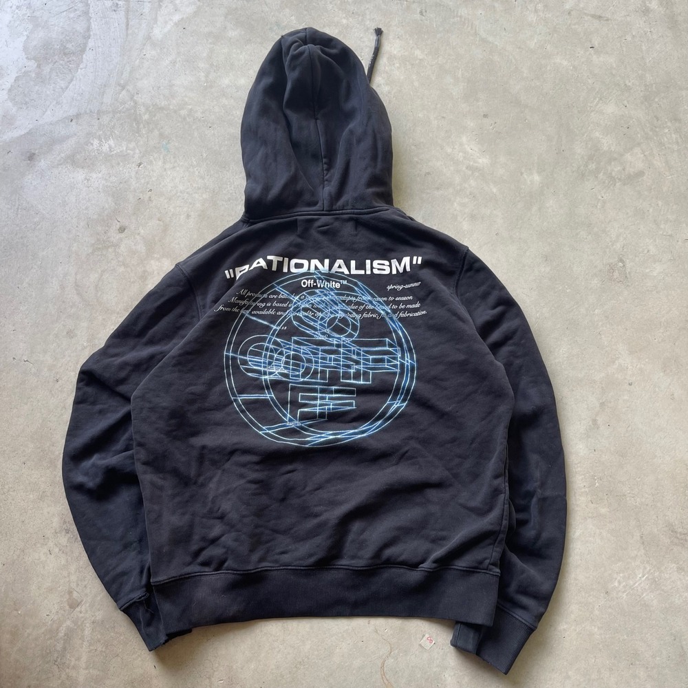 Off-White Rationalism Black Graphic Hoodie Mens Mediumā Virgil Abloh Distressed